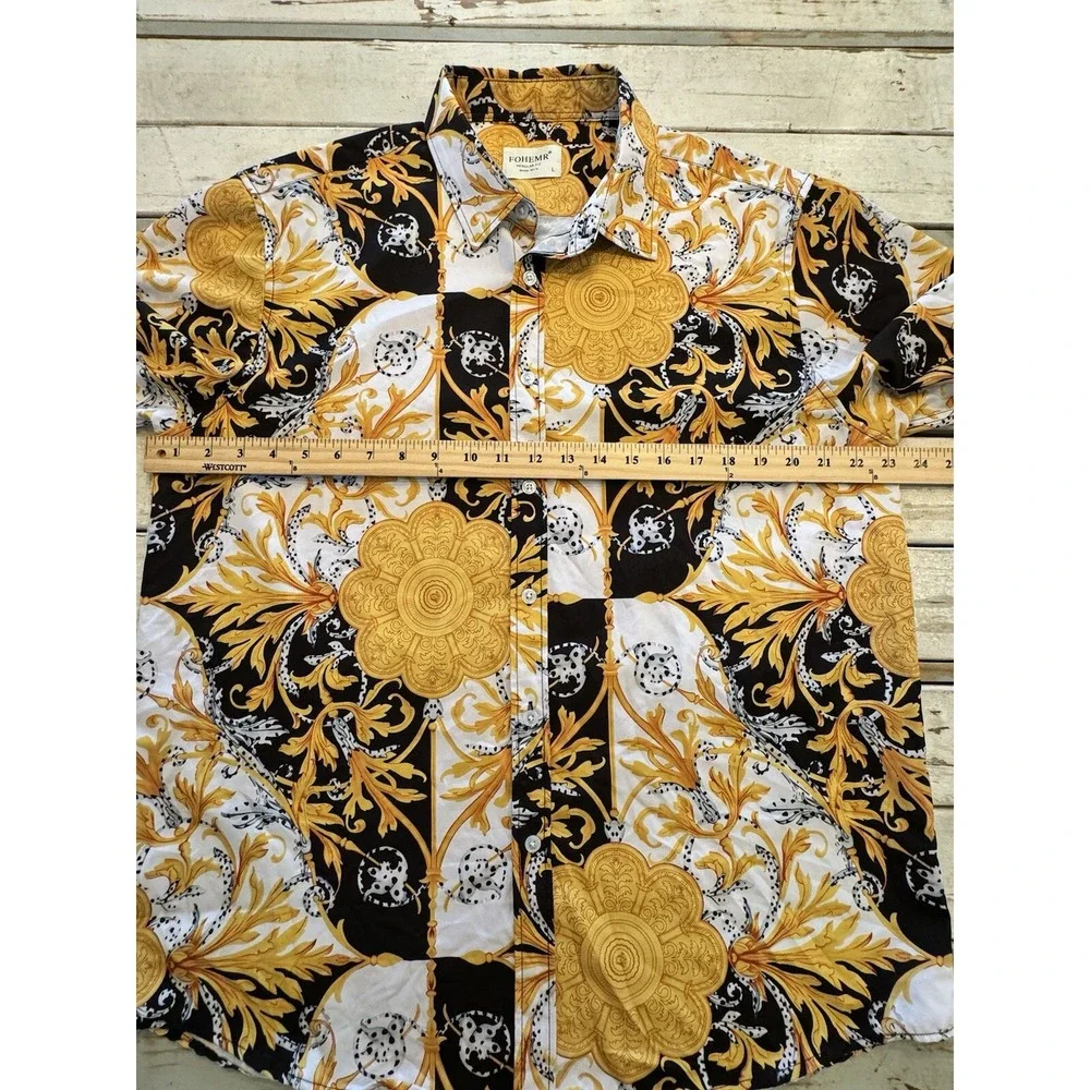 Mens Fohemr Button Up Shirt Men's Size  Large Baroque Abstract Print Yellow